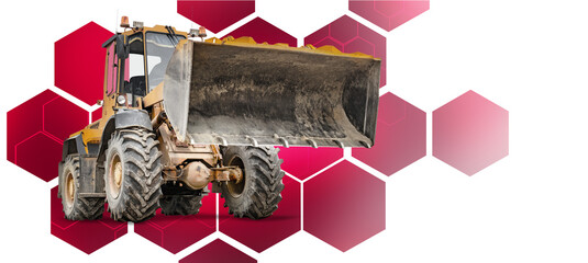Powerful bulldozer loader stands out against a bold geometric backdrop, merging rugged...