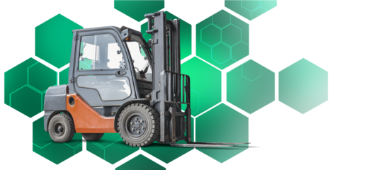 A sturdy forklift stands isolated, showcasing robust design and functionality, surrounded by a vibrant geometric backdrop that emphasizes its industrial purpose.