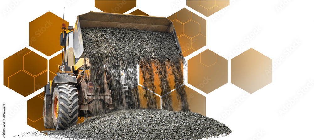 Aufkleber a powerful loader empties a load of gravel on a smooth surface, showcasing the strength of construct