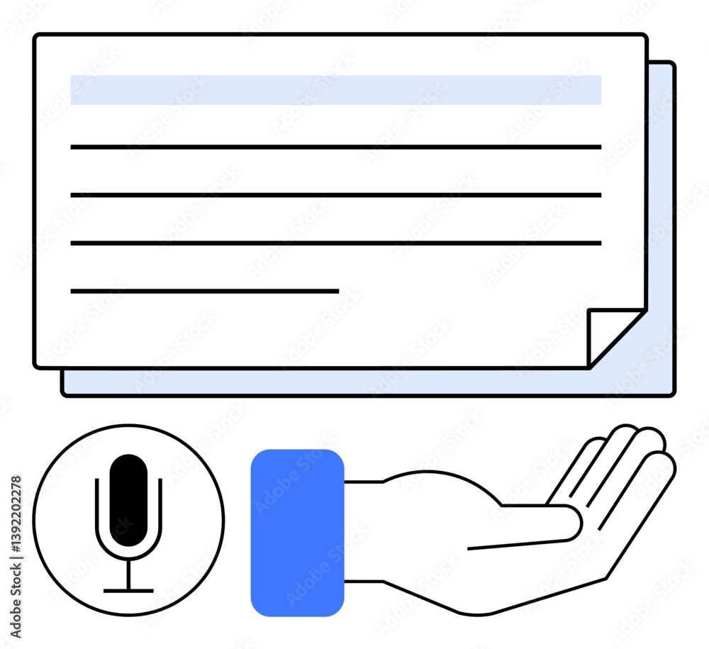 Poster open hand offering help next to microphone audio feature and digital notes. ideal for productivity, 