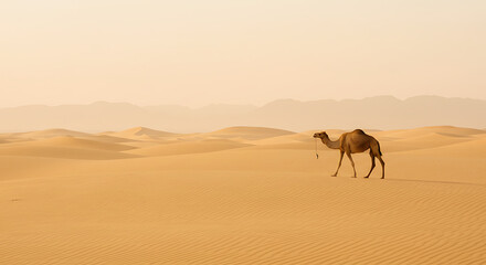 Solitary Camel Trekking Across Expansive Golden Sand Dunes in Desert Landscape