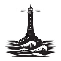 Waves and Lighthouse silhouette, where the sea meets the guiding light – Lighthouse illustration – Lighthouse vector – Building silhouette

