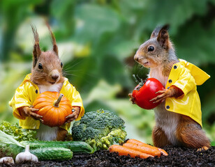 Squirrels' Garden Gathering: Two charming squirrels in yellow raincoats gleefully inspect fresh vegetables, including a vibrant pumpkin and a juicy tomato.