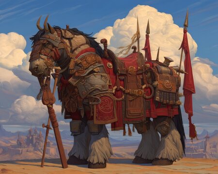 A majestic warhorse stands proudly, its barding reflecting the setting sun - shining horse dark