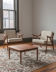 Furnished room with chairs and table. Outside is a brick building view. Interior design promotion