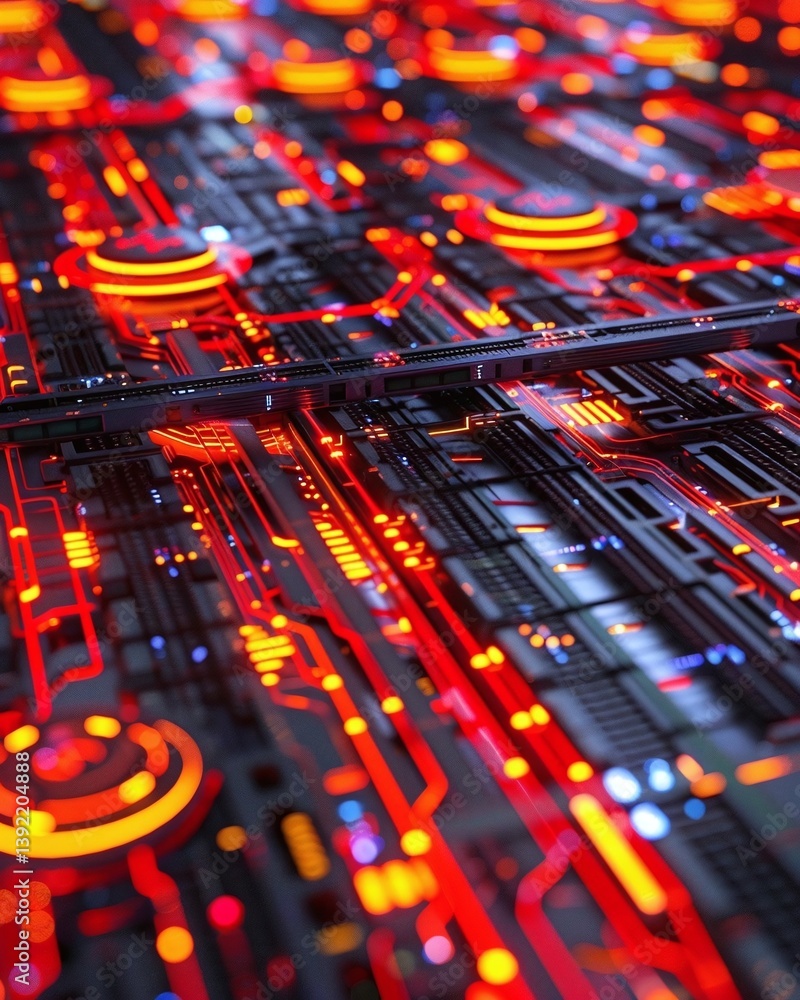 Poster abstract close-up of a glowing circuit board with vibrant red and orange patterns, showcasing techno