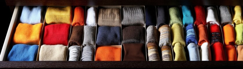 Open drawers revealing meticulously organized socks, underwear, and other clothing items in a dresser - pattern seamless texture