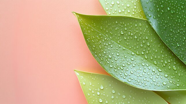 Close-up of fresh green leaves with water droplets.