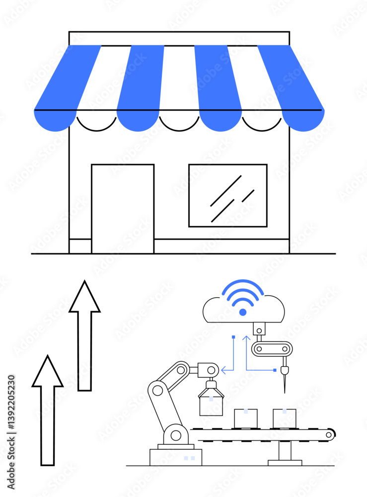 Aufkleber retail storefront with a factory robotic arm linked to cloud technology and upward arrows. ideal for