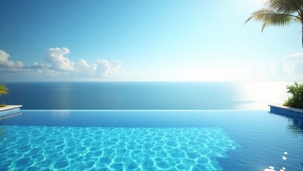 Tranquil scene of an infinity edge pool with crystal-clear blue water overlooking a calm ocean horizon during a bright sunny day