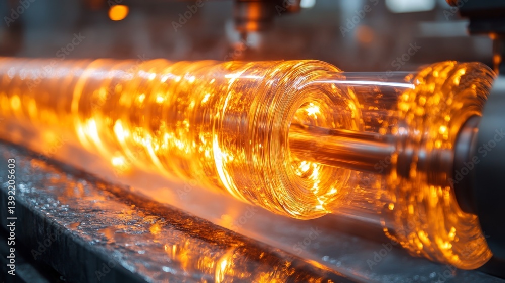 Poster hot molten glass is being shaped and processed in an industrial setting, showcasing the intricate me