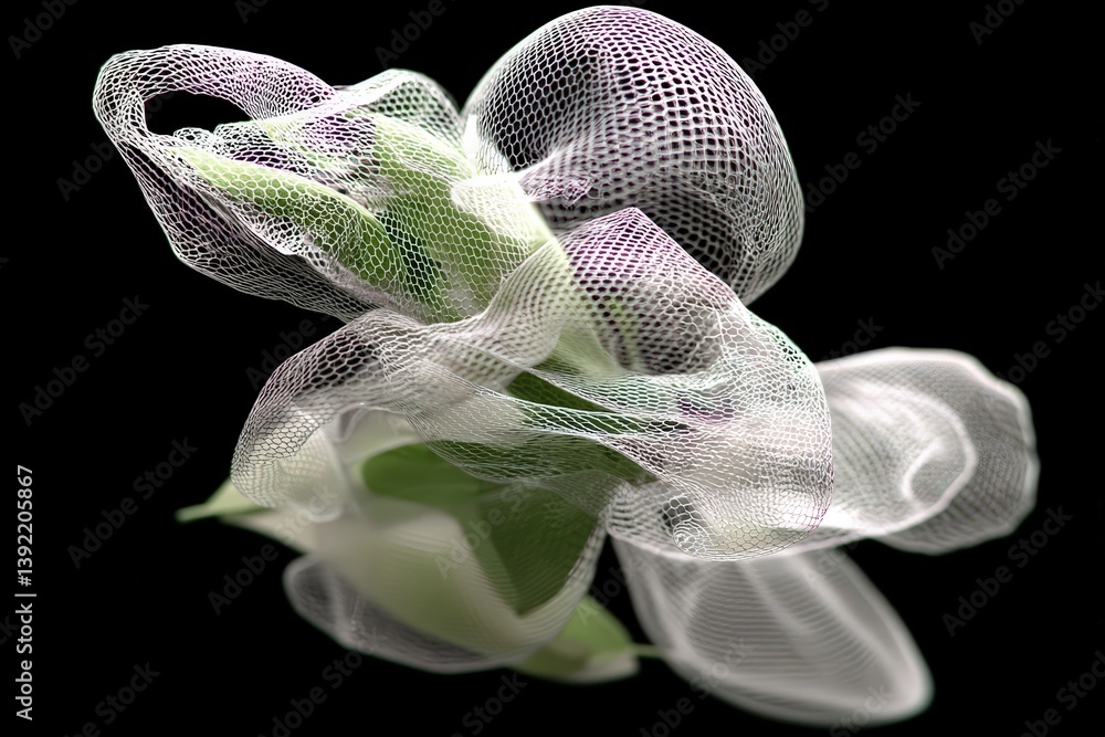 Poster delicate flower design with a mesh texture on a dark background.