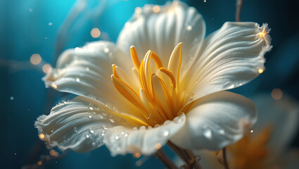 Fototapeta premium A close-up shot of a delicate white flower with yellow and orange stamen, glistening with water droplets against a blue background. 
