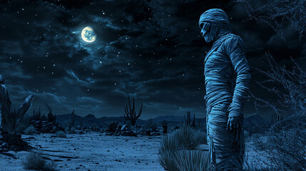 Scary mummy in a desert at night In Graveyard In The Spooky Night, Halloween Backdrop, Generative ai