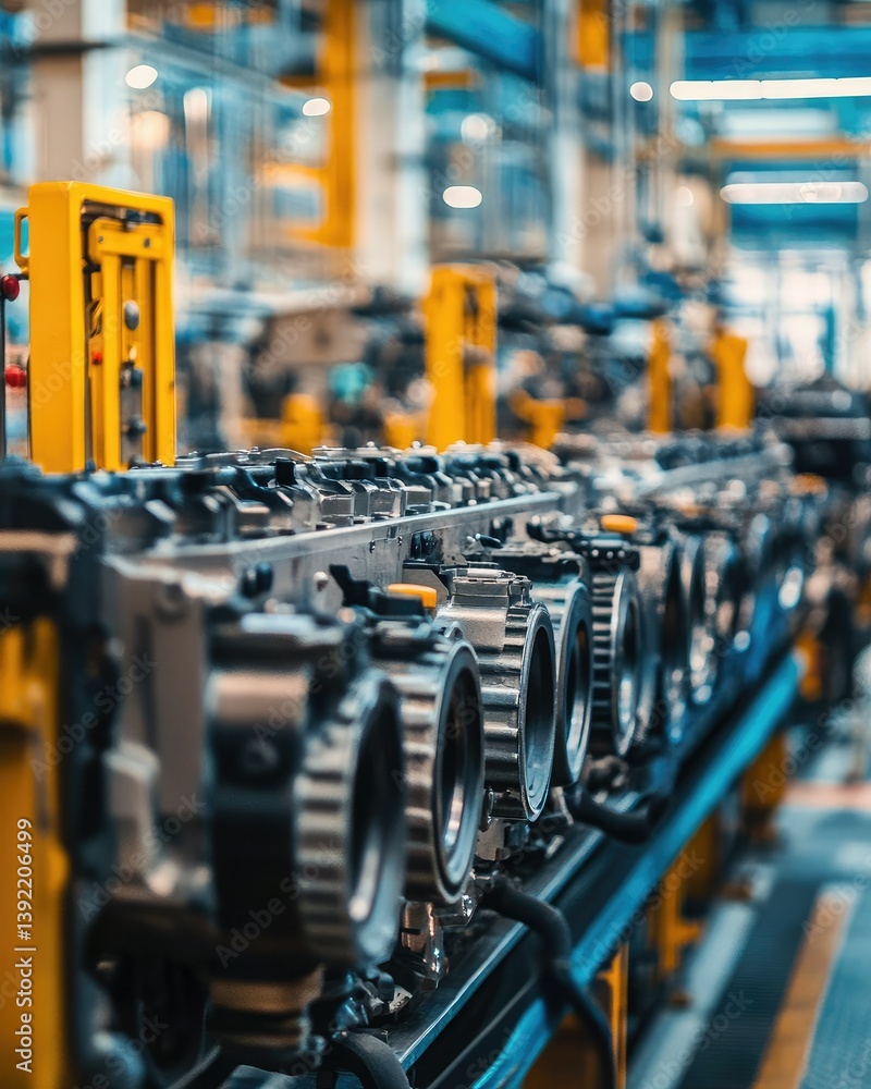 Poster a modern automated manufacturing facility showcasing robotic arms assembling components along a well