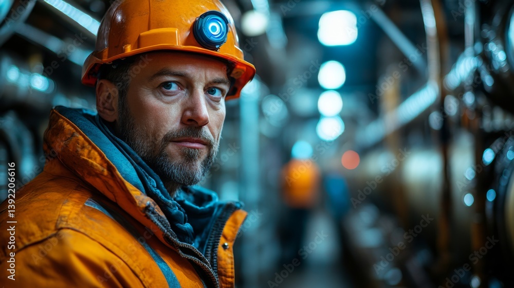 Leinwandbilder An experienced worker wearing a safety helmet stands in a dimly lit mining facility, overseeing the extraction and processing of materials while other workers are engaged in similar tasks nearby.