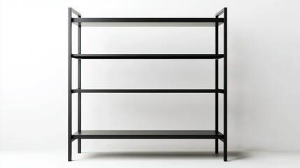 a modern bookshelf in black metal with three open shelves, minimalistic and industrial style, isolated on a transparent background.