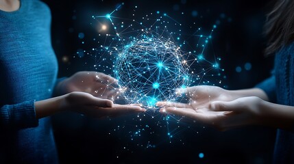 Global Network Held in Hands; Collaboration, innovation, future technology in background