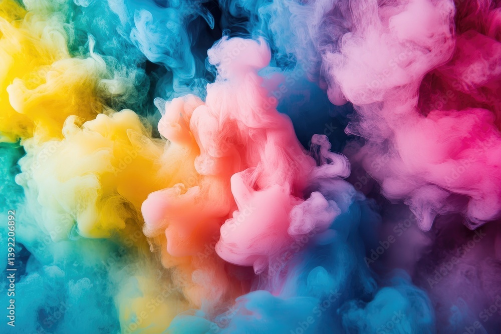 Poster vibrant swirling clouds of color in a mesmerizing display. blending hues of pink. yellow. and blue. 