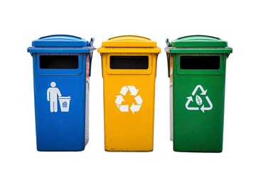 A photo of three colorful trash bins