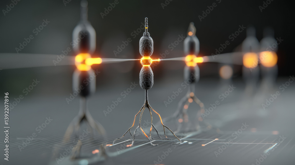 Poster conceptual visualization of a neural net system highlighted by glowing circuits over a pale blue