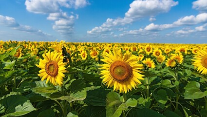 Obraz premium A beautiful field of sunflowers under a bright blue sky with fluffy clouds