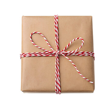A simple brown gift box tied with red and white baker's twine transparent background Generative AI