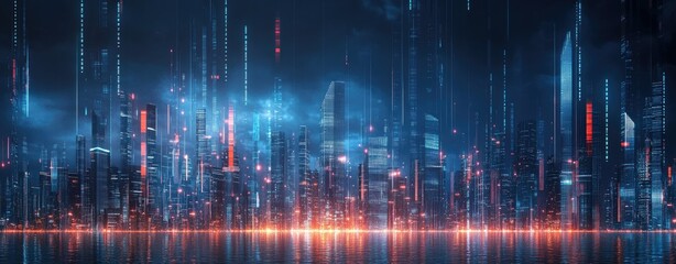 A vibrant digital cityscape at night. showcasing glowing skyscrapers and flowing data streams. with a backdrop of a starry sky. ideal for technology and innovation themes