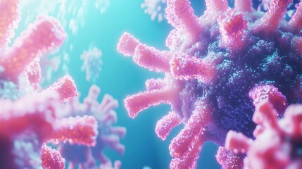 Fototapeta premium Microscopic view of vibrant pink viruses in aquatic environment