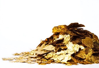 Gold Flakes Pile. Wealthy appearance on clean surface; Isolated for design purposes