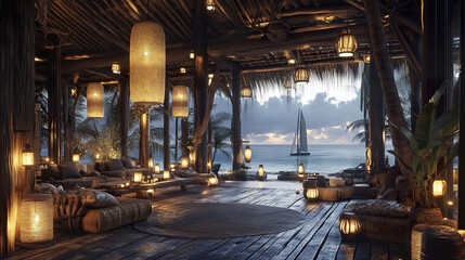 rustic beachfront resort home with open bamboo ceiling and ocean view