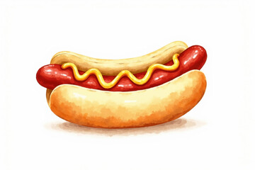 watercolor painting of hot dog in bun with mustard on white background. concept of food art, fast food, snack. artistic, colorful, culinary illustration, appetite appeal.