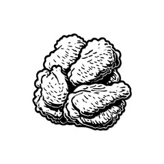 Detailed Monochrome Illustration of Crispy Fried Chicken, Presented on White