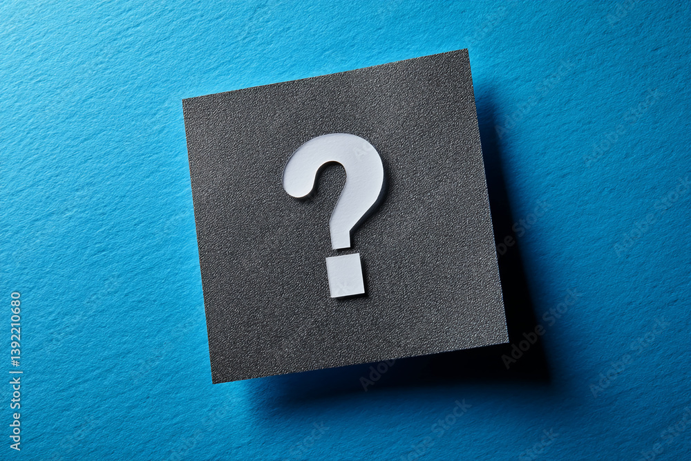 Poster black textured square with white question mark on blue background, showcasing concept of inquiry, un