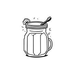 Hand-drawn illustration of a jar filled with drink, featuring a spoon and lid detail
