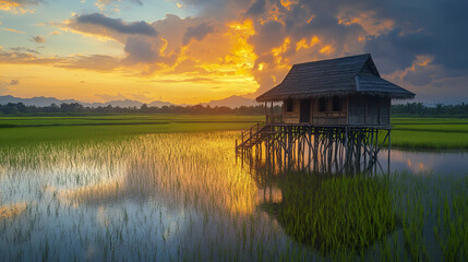 Fototapeta premium rustic Thai stilt house at sunset over serene rice field