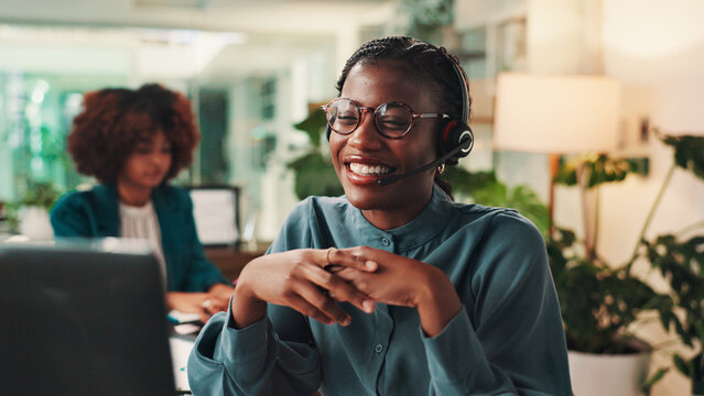 Call center, laptop and smile with black woman in office for assistance, consulting or help. Contact us, customer service and support with happy virtual assistant at work for crm or sales feedback