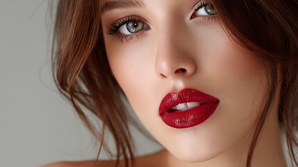 Fototapeta premium Intense close-up of plump lips, hyper-realistic skin detail, subtle gloss, soft natural light, 50mm prime, creamy background, editorial beauty. Ultra-Realistic, Photo Realistic, highly detailed, 