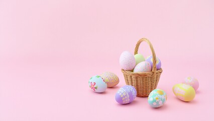 Festive pastel-colored Easter eggs with various patterns, spill from a wicker basket onto a pink background