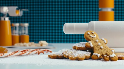 A gingerbread man leaning happily on sugar-dusted cookies, festive treat