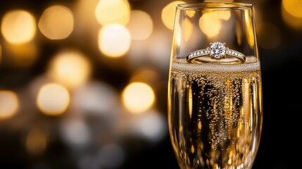 Fototapeta premium Sparkling champagne glass with an engagement ring, celebrating love in a festive ambiance