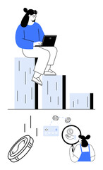 Woman sitting on bar graph with laptop, analyzing financial data through magnifying glass. Coins, bar chart. Ideal for business analysis, data review, financial growth, investment strategy, market