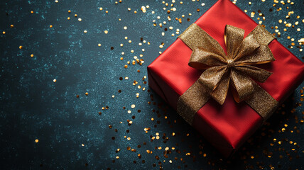 Red gift box with gold ribbon bow and golden conetti on blue background, top view, copy space. Luxury Background for Greeting Card for Birthday, Anniversary, Fathers Day, Mother's Day, Christmas