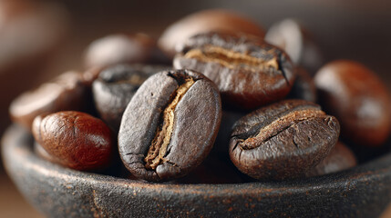 Obraz premium Softly lit macro shot of roasted coffee beans inside a deep matte bowl, surrounded by warm tones