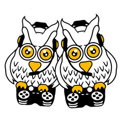 2 gamer owls video game friends two player gamepad Isolated Vector Graphic Design Illustration
