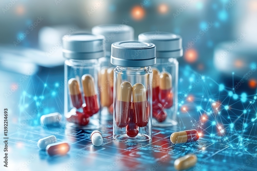 Poster glass jars with colorful capsules on a lab table illuminated by scientific technology elements