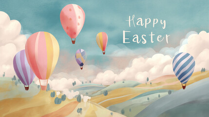 Naklejka premium Whimsical Happy Easter Scene with Pastel Hot Air Balloons, Rolling Hills, and Dreamy Village Under a Soft Sky