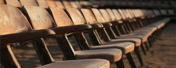 Empty Seats of Anticipation: Rows of weathered wooden chairs stand ready, bathed in warm light, creating a sense of anticipation and the promise of a future event.