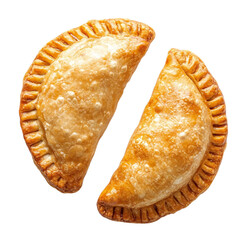 Two golden brown empanadas placed side by side, isolated.