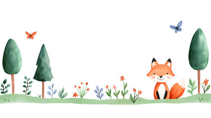 Fototapeta premium A watercolor cartoon frame with cute fox sitting on grass with copy space for text